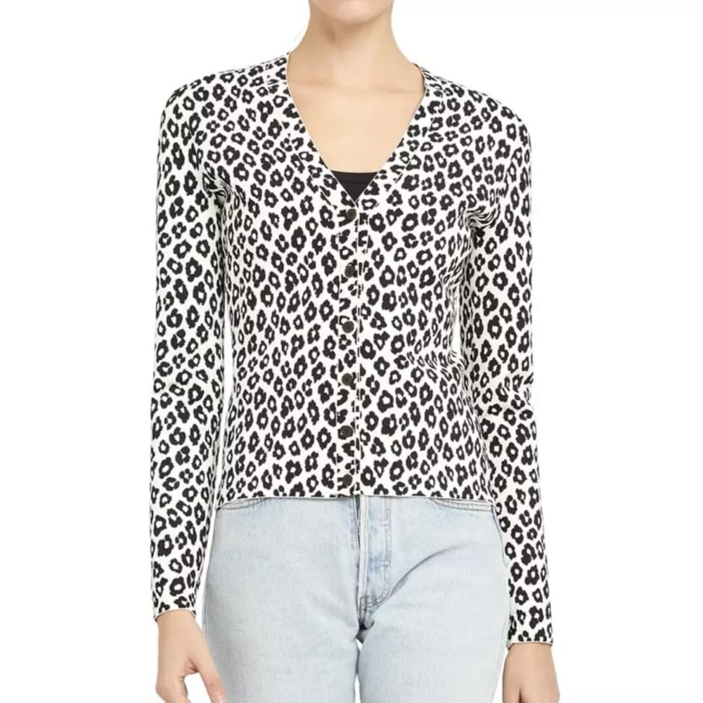 Theory Leopard Print V-Neck Cardigan in black and white
